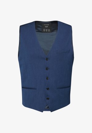 Blaues maßgeschneidertes Herrenweste mit fünf schwarzen Knöpfen, drei eingeschnittenen Taschen und V-Ausschnitt, präsentiert vor weißem Hintergrund.