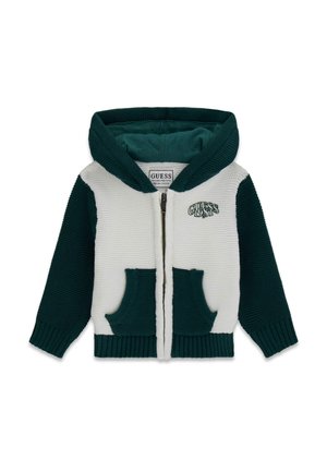 Bluza z kapturem i zamkiem, zielone rękawy, biały przód, kieszenie z przodu oraz logo "GUESS 1981" na piersi.