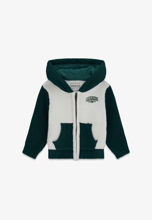 Kapuzensweatshirt mit Reißverschluss, grünen Ärmeln, weißer Vorderseite, Fronttaschen und "GUESS 1981"-Logo auf der Brust.