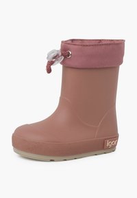Botte de pluie en caoutchouc rose avec un col en tissu doux, cordon de serrage ajustable, semelle texturée et logo sur le côté.