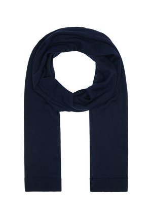 Marineblau gestrickter Schal mit weicher Textur, der ein durchgehendes Loop-Design und gerippte Enden aufweist. Ideal für Wärme und Schichten.