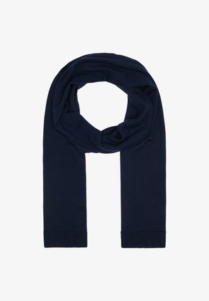 Marineblauwe gebreide sjaal met een zachte textuur, voorzien van een doorlopende lusontwerp en ribbelranden. Ideaal voor warmte en lagen.