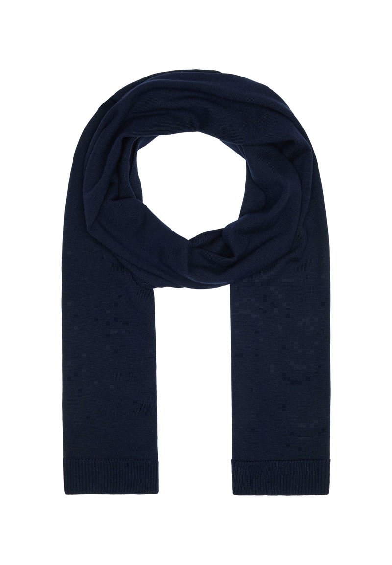 Écharpe en tricot bleu marine avec une texture douce, présentant un design en boucle continue et des extrémités côtelées. Idéale pour la chaleur et le superposition.