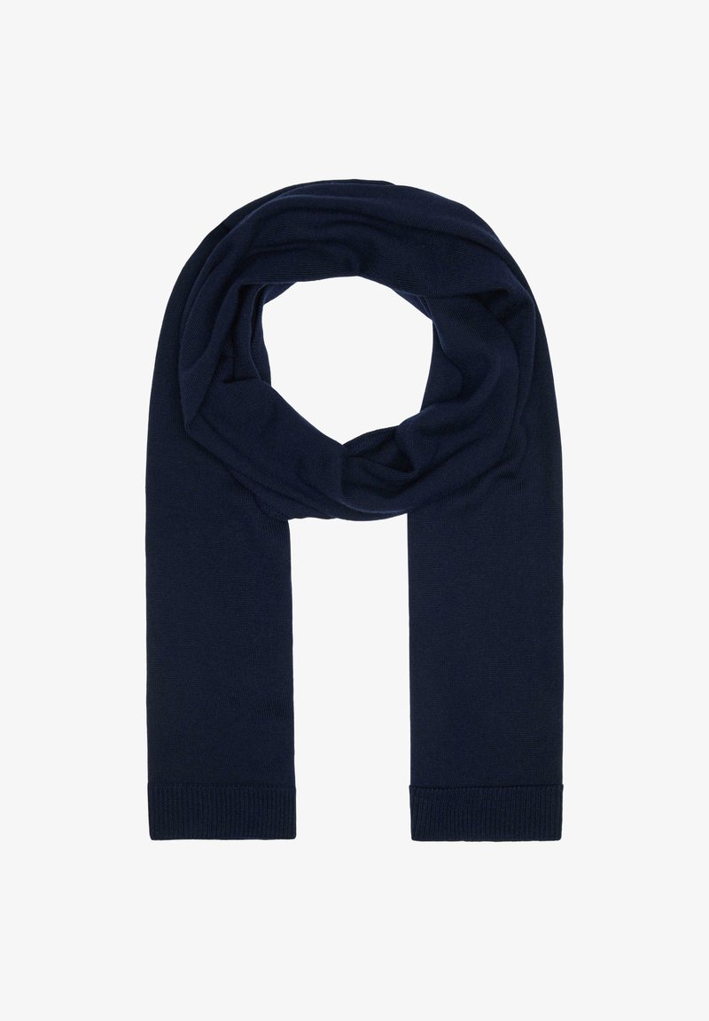 Marineblauwe gebreide sjaal met een zachte textuur, voorzien van een doorlopende lusontwerp en ribbelranden. Ideaal voor warmte en lagen.