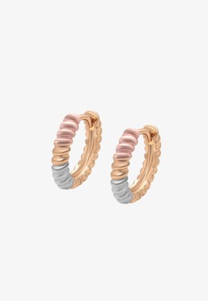 Fülbevalók, amelyek váltakozó textúrájú szakaszokkal rendelkeznek világos rózsaszín, rózsaarany és ezüst színben; fényes felület, zökkenőmentes kapoccsal.