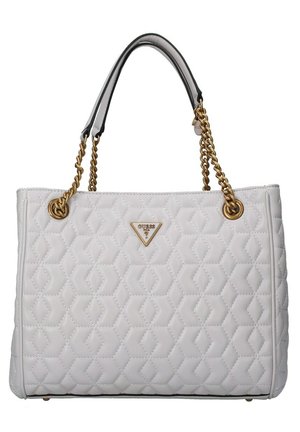Borsa tote bianca trapuntata con hardware in catena dorata, accento a logo triangolare, superficie liscia, forma rettangolare e doppi manici.