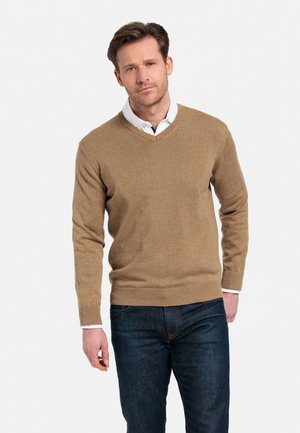 Bruine V-hals trui van zacht gebreid materiaal, met lange mouwen, boordjes en zoom van ribbelstof, gecombineerd met donkerblauwe jeans.