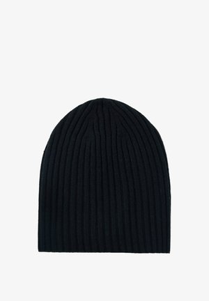 Schwarze, gerippte Strickmütze mit rundem Oberteil, entworfen für Wärme und legere Trageweise.