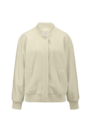 Cream-colored bomber jacket made of soft fabric, featuring a round collar, front button closure, and two side pockets.