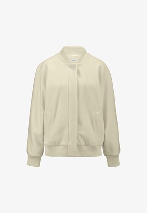 Cream-colored bomber jacket made of soft fabric, featuring a round collar, front button closure, and two side pockets.