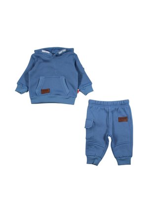 Sweat à capuche bleu taille tout-petit et pantalon assorti avec poche avant et poignets élastiques, posé à plat sur fond blanc.