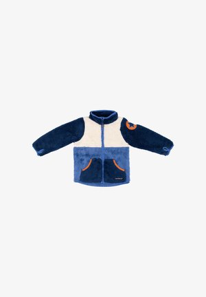 Fleecejakke med lynlås, der har en cremefarvet brystdel, mørkeblå ærmer, to forlommer med orange kant og et stjerne-patch på ærmet.