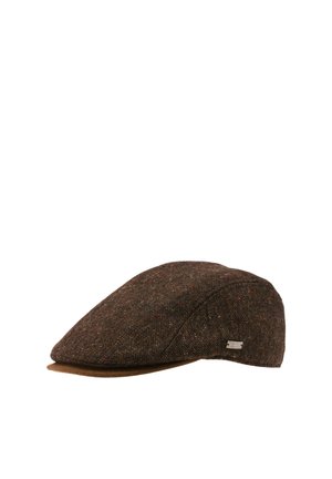 Brown tweed flat cap with a small metallic tag on the side, showing a classic curved design and textured fabric.