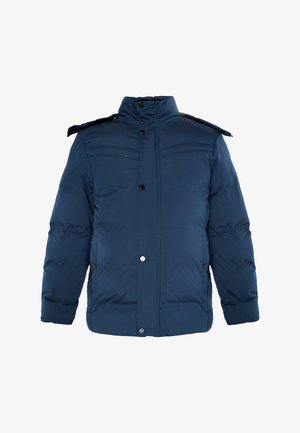 Granatowa kurtka puchowa z wysokim kołnierzem, z przodu na zatrzaski i bocznymi kieszeniami. Posiada poziome przeszycia i lekki połysk.