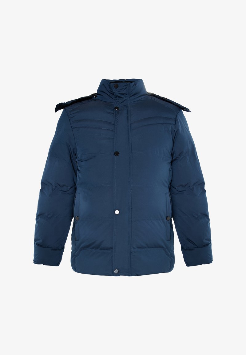 Tamsiai mėlynas pūkinis švarkas su aukštu apykakle, priekiniais snapelių užsegimais ir šoninėmis kišenėmis. Pabrėžia horizontali siuvinėjimo linijas ir lengvą blizgesį.