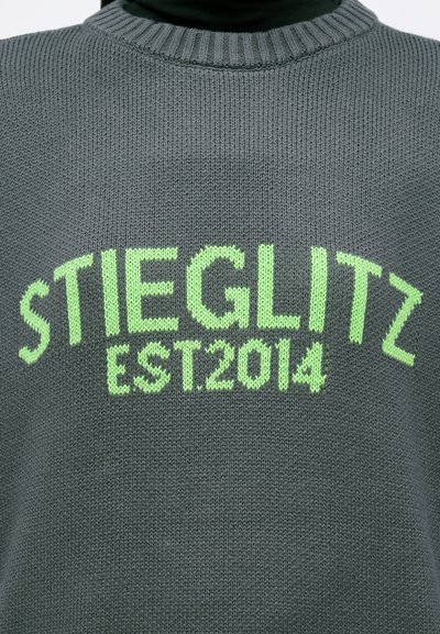 Szary sweter z dzianiny z zielonym napisem "STIEGLITZ EST.2014" wyraźnie widocznym na piersi. Żebrowany dekolt.