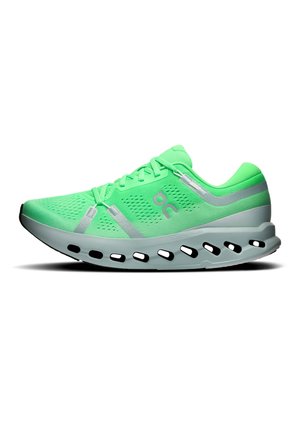 Bright green athletic shoe with a light grey, ventilated sole featuring large oval cutouts and silver logo on the side, shown in profile.