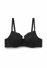 Černá krajková podprsenka s kosticemi, květinovým vzorem, vlnitými okraji, nastavitelnými ramínky a hladkým zadním pásem.