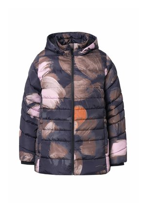 Chaqueta tipo plumas con capucha, con un fondo azul marino y grandes patrones de pinceladas abstractas en rosa, marrón y naranja. Cierre con cremallera.