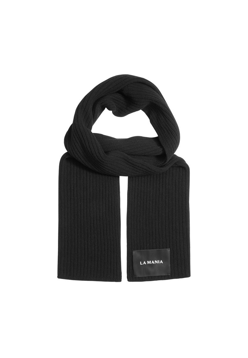 Černý žebrovaný šátek vyrobený z jemného materiálu. Má obdélníkový tvar a na jednom konci malou značku s textem "LA MANIA".