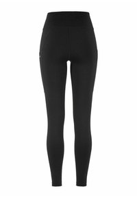 Zwarte high-waisted leggings met een soepele, elastische textuur, voorzien van zijzakken en een aansluitende pasvorm die naar de enkels toe taps toeloopt.