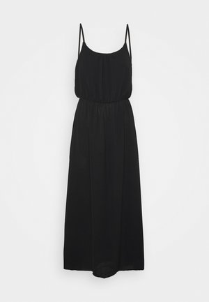 Robe noire maxi sans manches avec fines bretelles, taille cintrée et jupe ample et fluide.