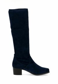 Bota de ante azul marino hasta la rodilla con un tacón de bloque moderado, punta afilada y textura suave, que presenta un diseño sencillo y estilizado.