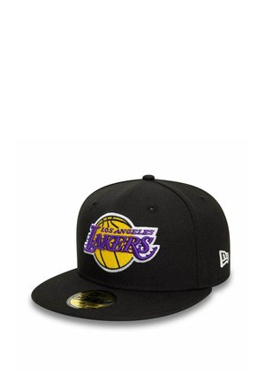 Black snapback cap featuring Los Angeles Lakers logo in purple and yellow embroidery. Flat brim, structured design with side branding detail.