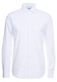 Vit långärmad skjorta med ljusblå mönstrade detaljer. Har en klassisk krage och knäppta ärmslut. Tillverkad i bomull.