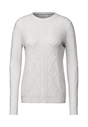Maglione grigio chiaro lavorato a maglia con scollatura rotonda, caratterizzato da motivi a rombo e a treccia, polsini e orlo a costine. Texture morbida.
