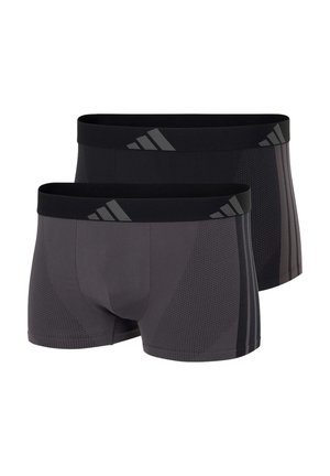 Two pairs of men's boxer briefs in black and dark gray. Made of stretch fabric with mesh panels, featuring contrasting logo waistband and design accents.