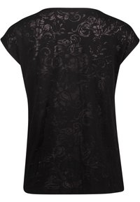 Top nero a maniche corte realizzato in tessuto trasparente con motivo floreale. Vestibilità morbida con scollatura rotonda e orlo curvo.