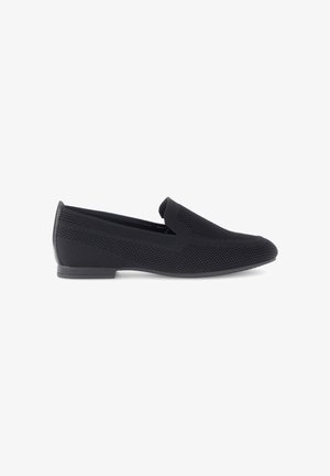 Black slip-on shoes with a breathable mesh upper, slim silhouette, textured surface, and a flat rubber sole. Simple design with no visible hardware.