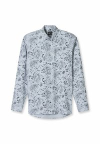 Langärmeliges Hemd aus hellblauem Stoff mit einem schwarzen Paisleymuster und einem Button-Down-Kragen. Glatte Textur, normale Passform.