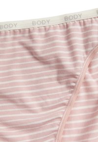 Light pink striped underwear with a soft waistband labeled "BODY." Material shows a smooth texture with white horizontal stripes.