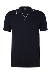 Mörkblå kortärmad polo i mjukt stickat material. Har en V-ringning och vita accentlinjer längs kragen och ärmarna.