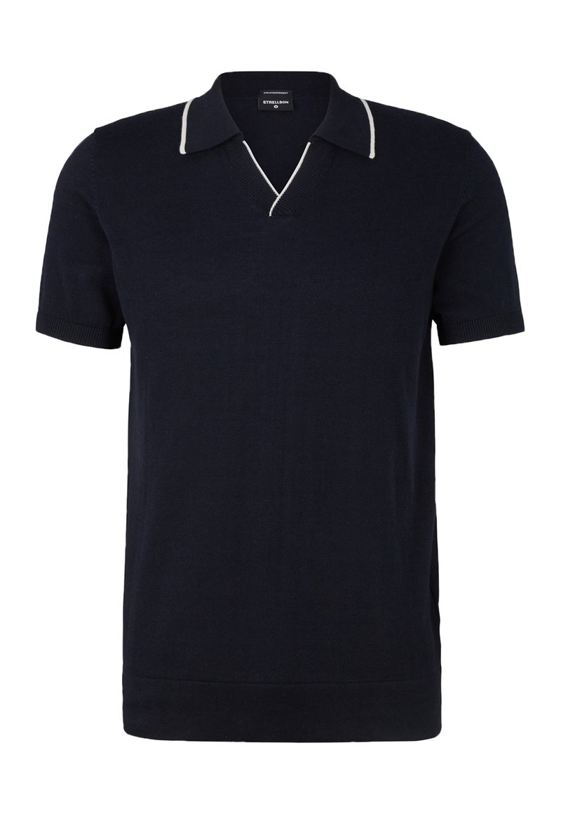 Mörkblå kortärmad polo i mjukt stickat material. Har en V-ringning och vita accentlinjer längs kragen och ärmarna.