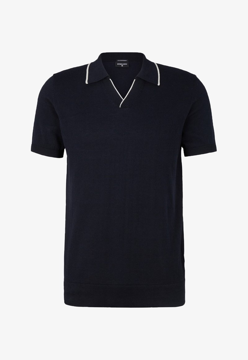Mörkblå kortärmad polo i mjukt stickat material. Har en V-ringning och vita accentlinjer längs kragen och ärmarna.