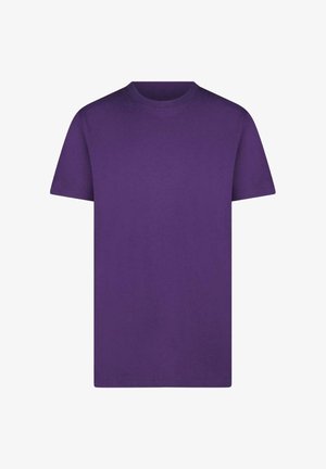 Paarse katoenen T-shirt met een ronde hals, korte mouwen en een klassieke pasvorm zonder zichtbare patronen of versieringen.