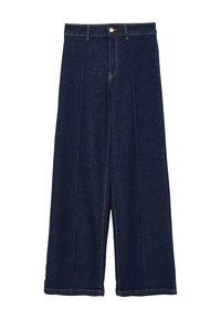 Pantaloni in denim blu scuro a gamba larga con vita alta, design classico a cinque tasche, bottone dorato e dettagli di cucitura a contrasto.