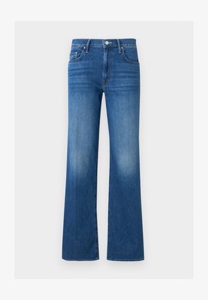 Sinised teksapüksid kõrge vöökohaga, nööbi- ja tõmblukuga, ees- ja tagataskutega ning veidi lõhenevate sääreosadega.