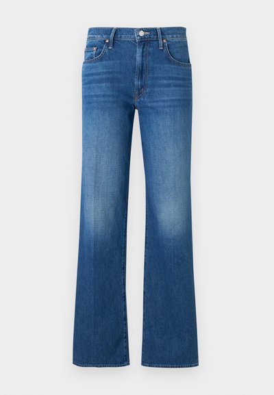 Μπλε τζιν με ψηλή μέση, κούμπωμα με κουμπί και φερμουάρ, τσέπες μπροστά και πίσω και ελαφρώς φαρδιά πόδια.