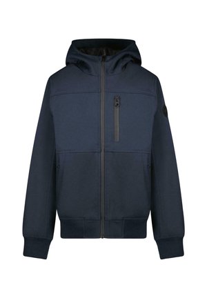 Marineblauwe capuchontrui met ritssluiting, een voorvak, twee zijzakken en geribbelde manchetten. Gladde textuur met een contrasterende rits.