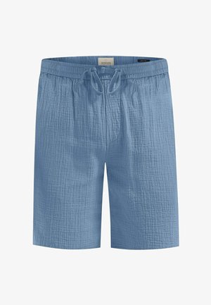 Blå, teksturerte shorts med elastisk midjebånd og snøring. Har sydd linjer og en uformell, løs passform.