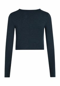 Tmavo modrý, skrátený top s dlhým rukávom. Mäkká, textúrovaná látka s okrúhlym výstrihom a rovný lem. Obsahuje stredový šev na chrbte.