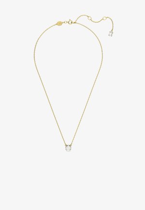 Colar de corrente de ouro com um pendente de pedra clara retangular. A corrente tem um fecho tipo lagosta e um comprimento ajustável com um pequeno charme.