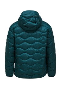 Piumino turchese con cappuccio, caratterizzato da cuciture orizzontali ondulate, mostrato da dietro.