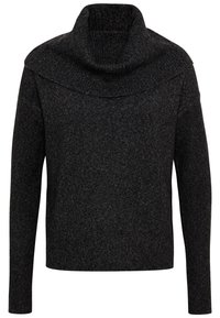 Svart stickad tröja med en stor krage, långa ärmar och en strukturerad yta. Har en avslappnad passform och minimalistisk design.