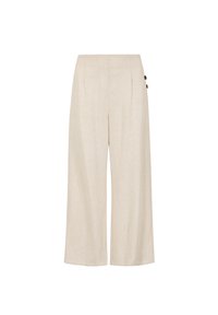 Beige Leinen-weit geschnitte Hose mit hoher Taille, vorderen Falten und zwei dekorativen Knöpfen an der Seite für zusätzlichen Aufwand.