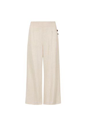 Beige Leinen-weit geschnitte Hose mit hoher Taille, vorderen Falten und zwei dekorativen Knöpfen an der Seite für zusätzlichen Aufwand.